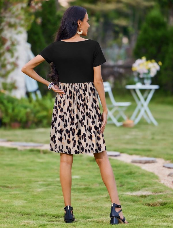 Womens Casual Dress Floral Patchwork Summer Dress Square Neck Short Sleeve A Line Flowy Swing Mini Dress with Pockets