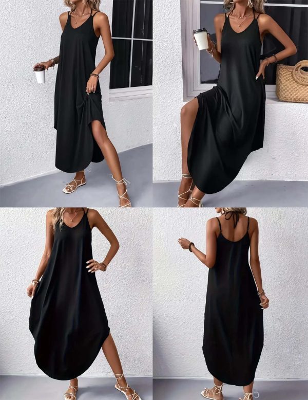 Women's Casual Sundress Summer Maxi Sleeveless V Neck Split Boho Beach Dress Travel Vacation Dress with Pockets