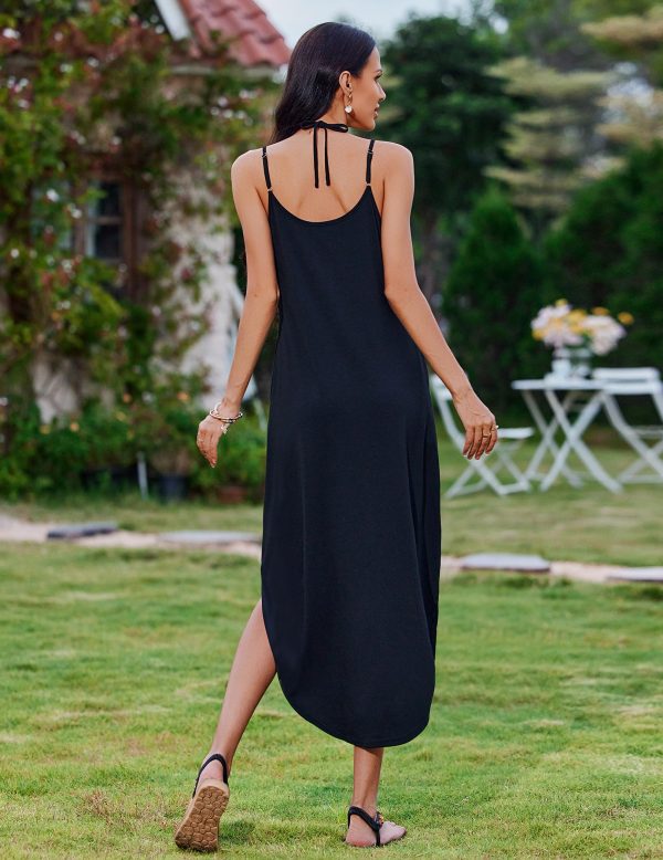 Women's Casual Sundress Summer Maxi Sleeveless V Neck Split Boho Beach Dress Travel Vacation Dress with Pockets