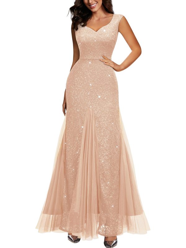 Women's Elegant V Neck Sleeveless Sequin Lace Evening Party Dress