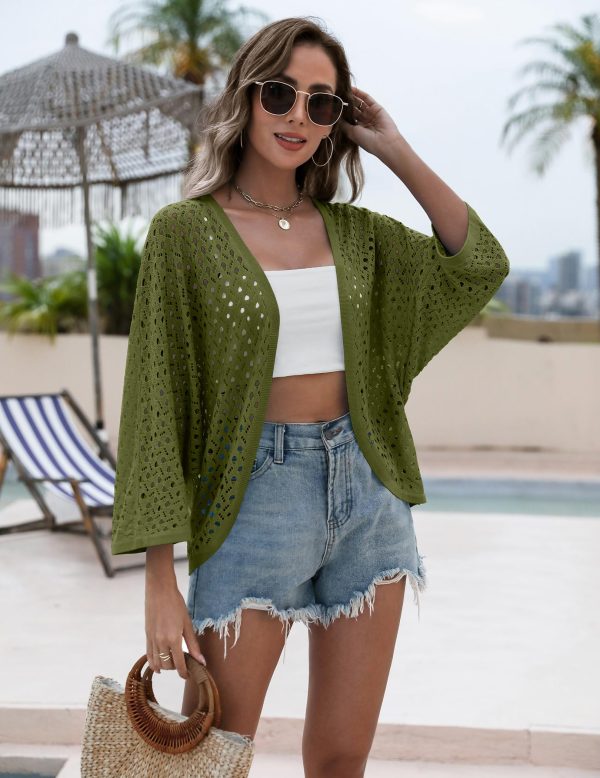 Womens Summer Crochet Cardigan Sweaters Lightweight Open Front 3/4 Sleeve Batwing Kimono Boho Knit Cover Ups 2025