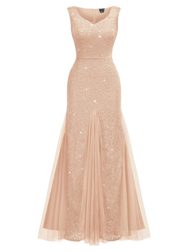 Women's Elegant V Neck Sleeveless Sequin Lace Evening Party Dress