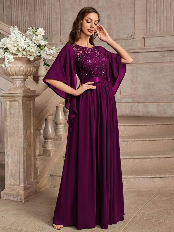Women's Elegant Style Sequin Lace Contrast Chiffon Bridesmaid Party Maxi Dress