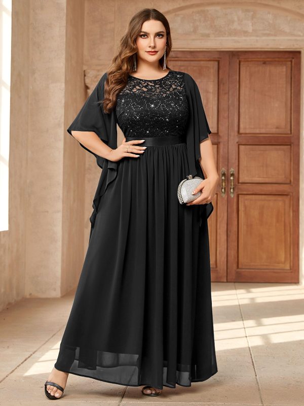 Women's Plus Size Sequin Lace with Ruffle Cape Cloak Sleeves Elegant Evening Wedding Party Maxi Dress