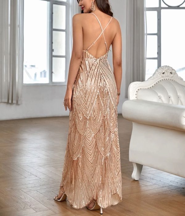 Women's V Neck Spaghetti Straps Sequin Sparkly Glitter Irregular Hem Prom Dress Bcakless Maxi Evening Gowns
