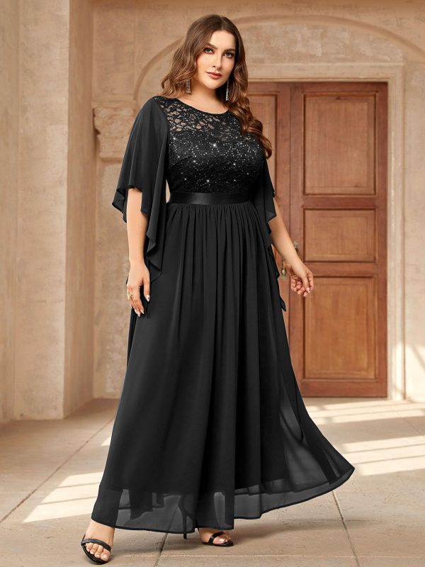 Women's Plus Size Sequin Lace with Ruffle Cape Cloak Sleeves Elegant Evening Wedding Party Maxi Dress