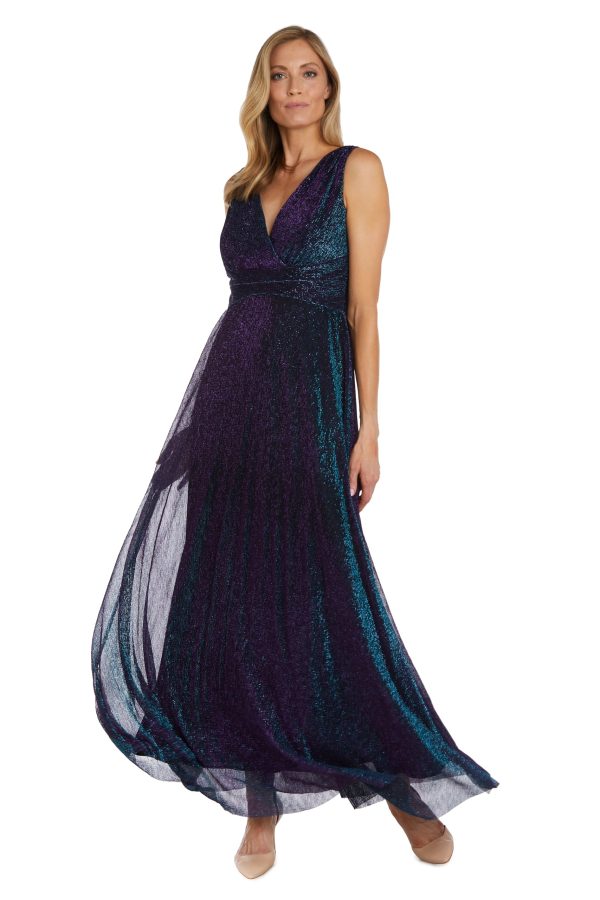 Long Sleeveless Sculpt Waist Iridescent Mesh Dress W/V-Neckline