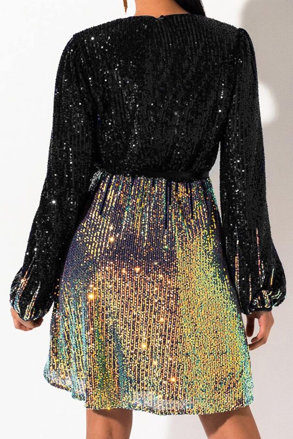 828 - Plus Size Long Sleeves Wrapped V Neck Sequins Skater Style Cocktail Evening Club Dress