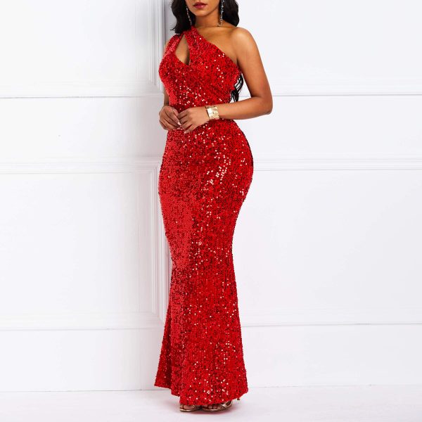 Sequins Fashion Sleeveless Oblique Collar Mermaid Women's Maxi Dress Bodycon Dress Party Dress