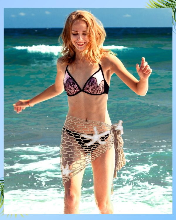 Women Crochet Cover up Skirt Hollow Out Triangle Shawl Wrap Mermaid Sarong Fishnet Swimwear Starfish Beach Skirt