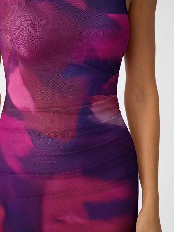 Bodycon Maxi Dress Womens Sleeveless Floral Print Fitted Party Club Ruched Dresses with Side Slit