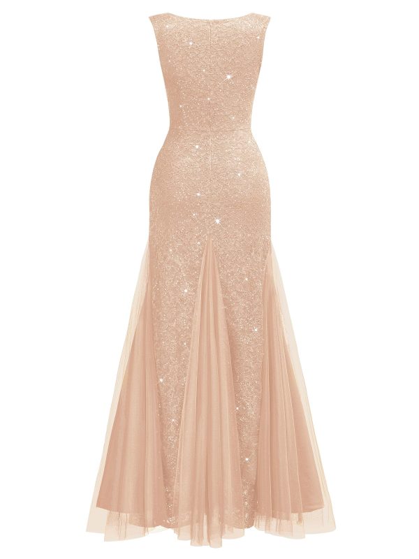 Women's Elegant V Neck Sleeveless Sequin Lace Evening Party Dress