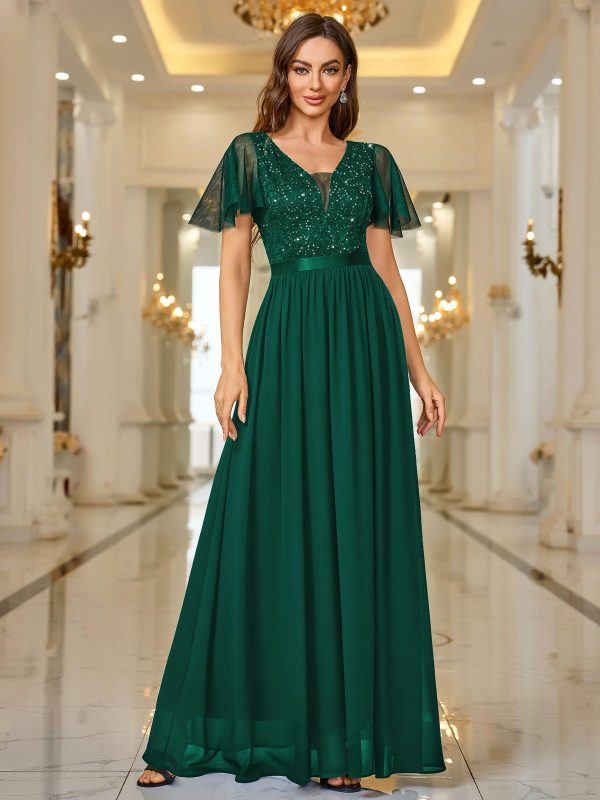 Women's Elegant Deep-V Neck Ruffle Tulle Sleeve Sequin Lace Formal Maxi Dress