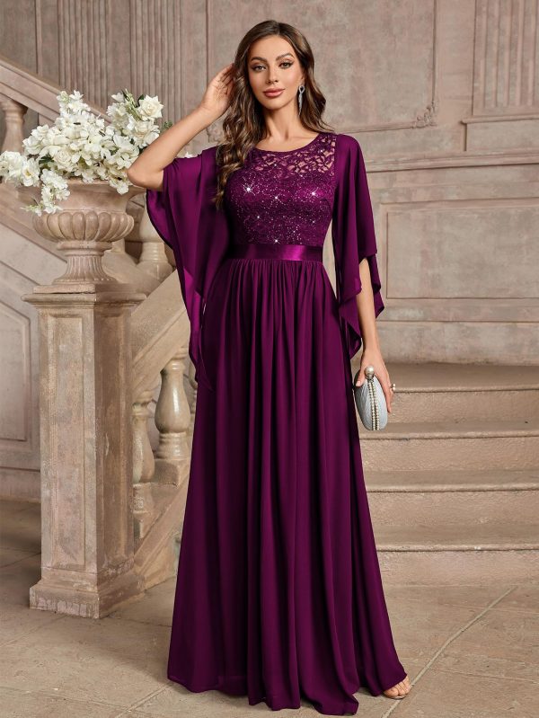 Women's Elegant Style Sequin Lace Contrast Chiffon Bridesmaid Party Maxi Dress