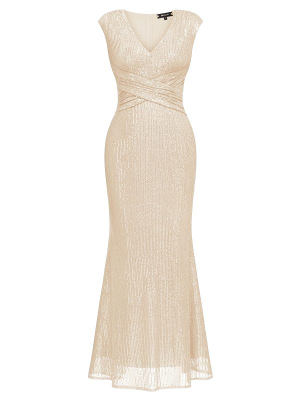 Women's V Neck Glitter Sequin Ruched Cocktail Party Long Dress