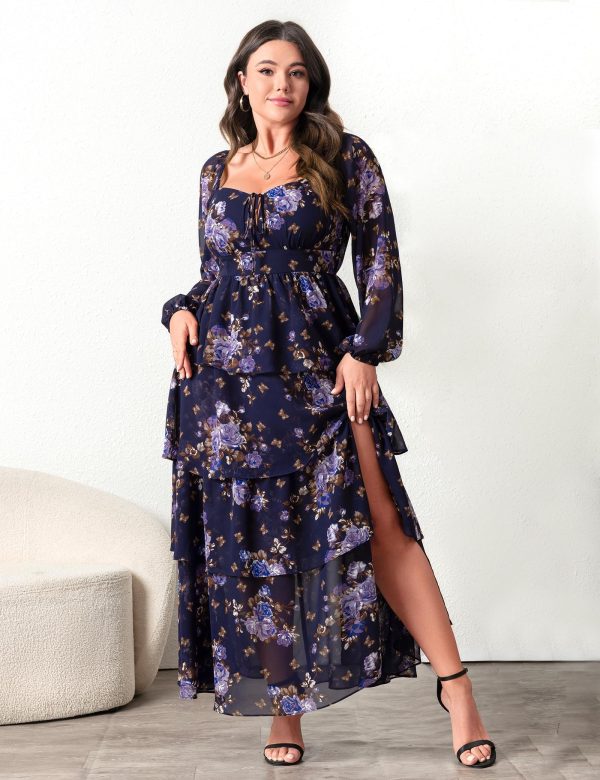 Womens Plus Size Floral Tiered Ruffle Long Sleeve Evening Party Wedding Guest Dress