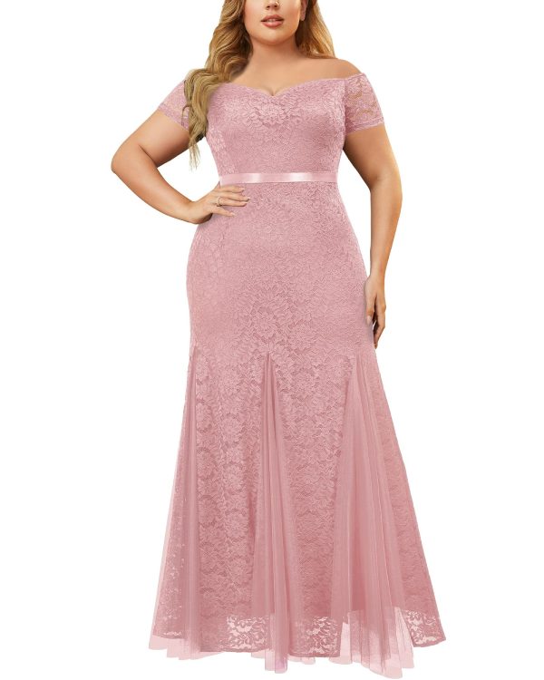Women's Plus Size Formal Off Shoulder Vintage Floral Lace Mermaid Maxi Evening Party Dress