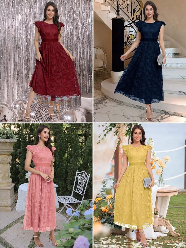 Women's Midi Formal Dress 2025 Flutter Short Sleeve Crewneck Lace Wedding Guest Party Dresses