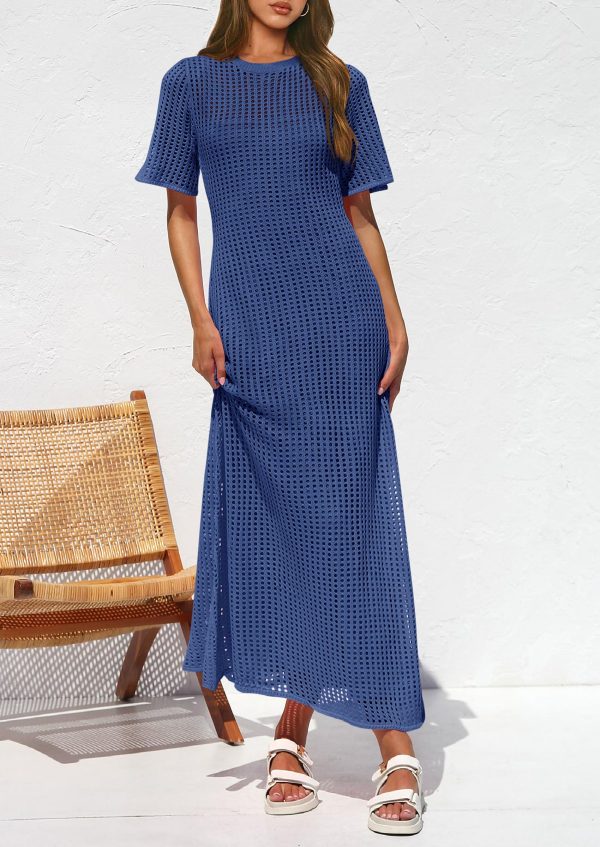 Womens Eyelet Cover Up Dress 2025 Summer Vacation Resort Maxi Dresses Beach Short Sleeve Hollow Out Sundress