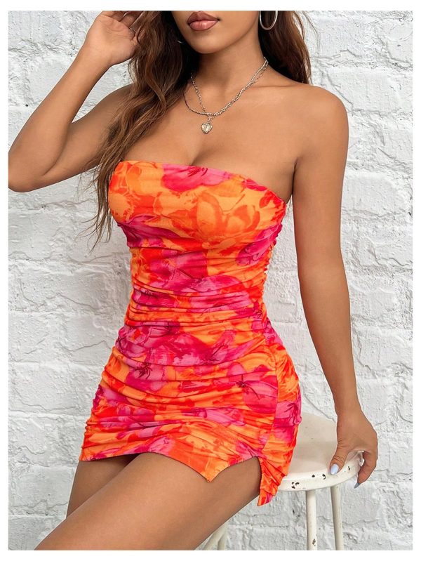 Women's Floral Mesh Strapless Ruched Tube Mini Dress Short Bodycon Dresses