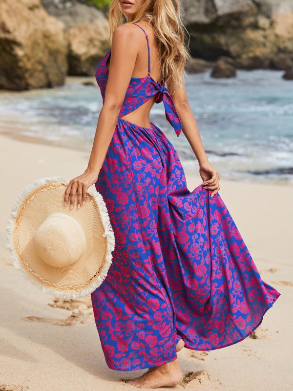 Women's Maxi Dress Floral Print Twisted V Neck Sleeveless Long Dress Summer Casual Dress