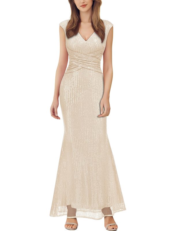 Women's V Neck Glitter Sequin Ruched Cocktail Party Long Dress
