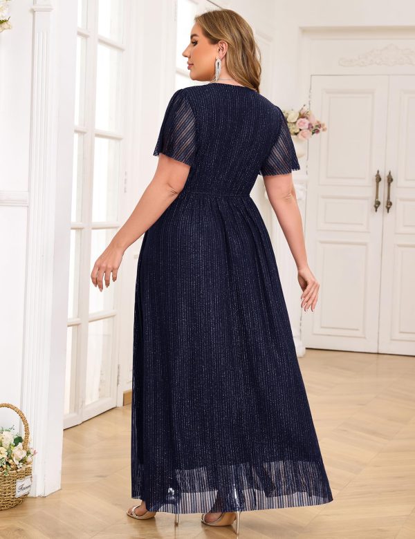 Plus Size Maxi Formal Dress Sparkly V-Neck A-line Ruffle Sleeves Evening Gown Cocktail Prom Glitter