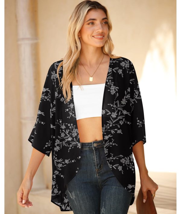Women Lightweight Chiffon Cardigan Puff Sleeve Loose Beach Wear Cover Up Blouse Top