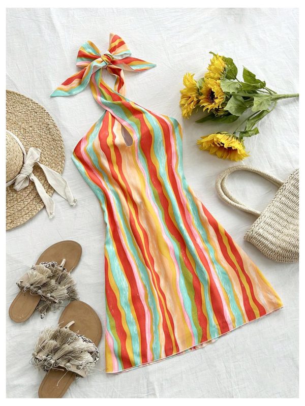 Women's Sleeveless Halter Backless Tie Back Floral Bodycon Mini Dress