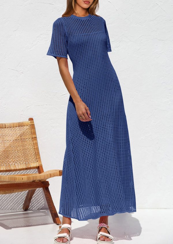 Womens Eyelet Cover Up Dress 2025 Summer Vacation Resort Maxi Dresses Beach Short Sleeve Hollow Out Sundress