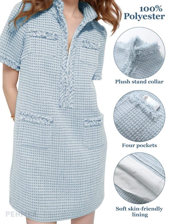 Women's Tweed Dress, Short Sleeve Straight Tube Mini Dress with Pockets for Business Party Work