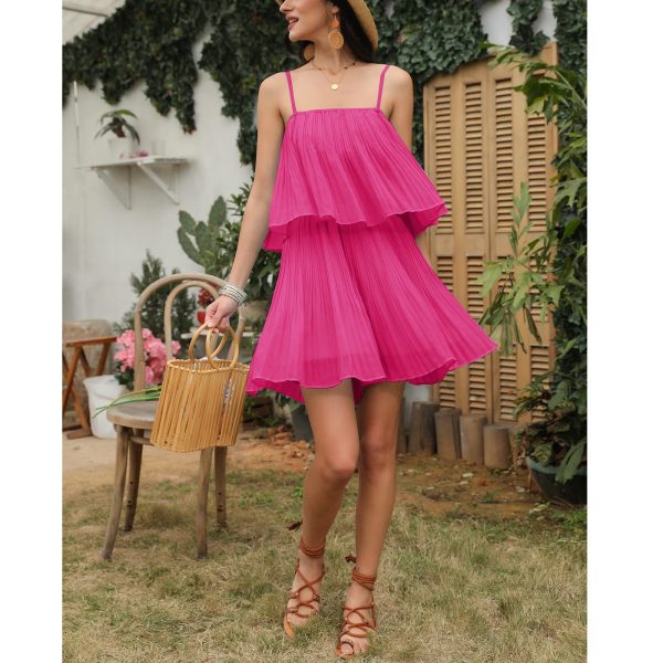 Womens 2025 Summer Romper Dress Spaghetti Strap Pleated Beach Vacation Outfit Fashion Cruise Short Jumpsuit Outfits