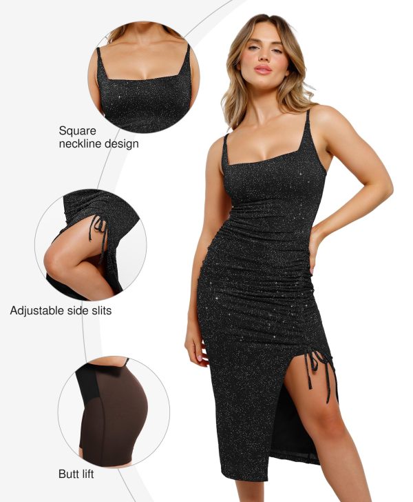 Sparkly Cocktail Dresses for Women Tummy Control Formal Shapewear Dress Square Neck Ruched Midi Dress Side Slit