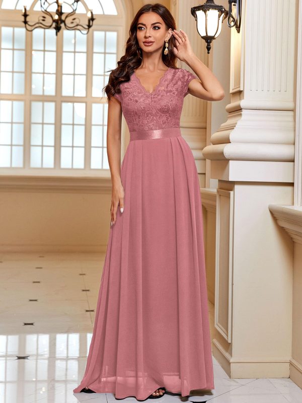 Women's Elegant Floral Lace Formal V Neck Bridesmaid Party Dress
