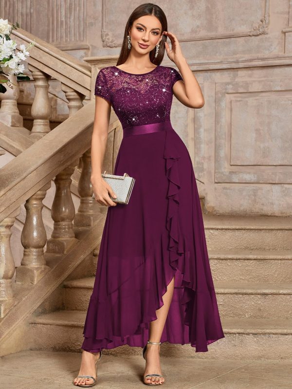 Women's Scoop Neck Sequined Floral Lace Ruffle Wedding Party Long Dress
