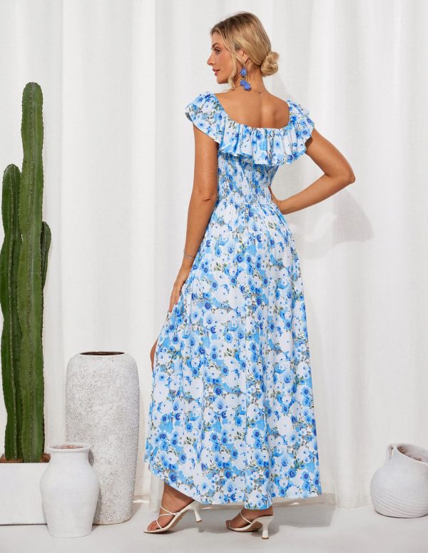 2025 Womens Maxi Dresses Summer Off Shoulder Floral Dress Ruffle Split Beach Flowy Boho Wedding Guest Dress