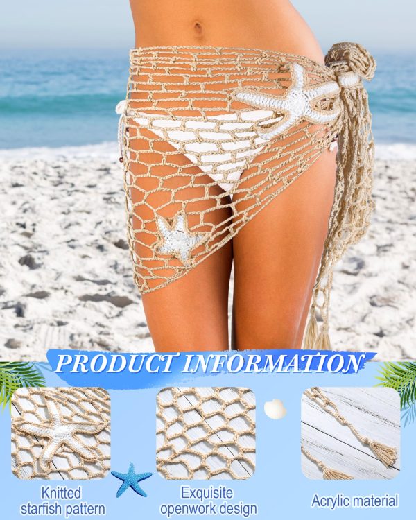 Women Crochet Cover up Skirt Hollow Out Triangle Shawl Wrap Mermaid Sarong Fishnet Swimwear Starfish Beach Skirt
