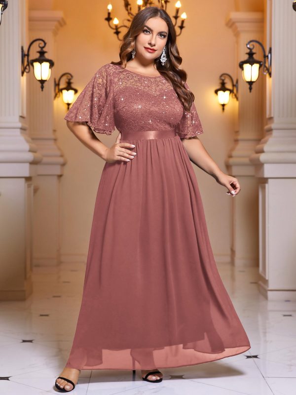 Women's Plus Size Sequin Lace Round Neck Butterfly Sleeves Formal Evening Maxi Dress