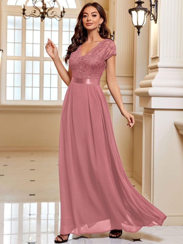 Women's Elegant Floral Lace Formal V Neck Bridesmaid Party Dress