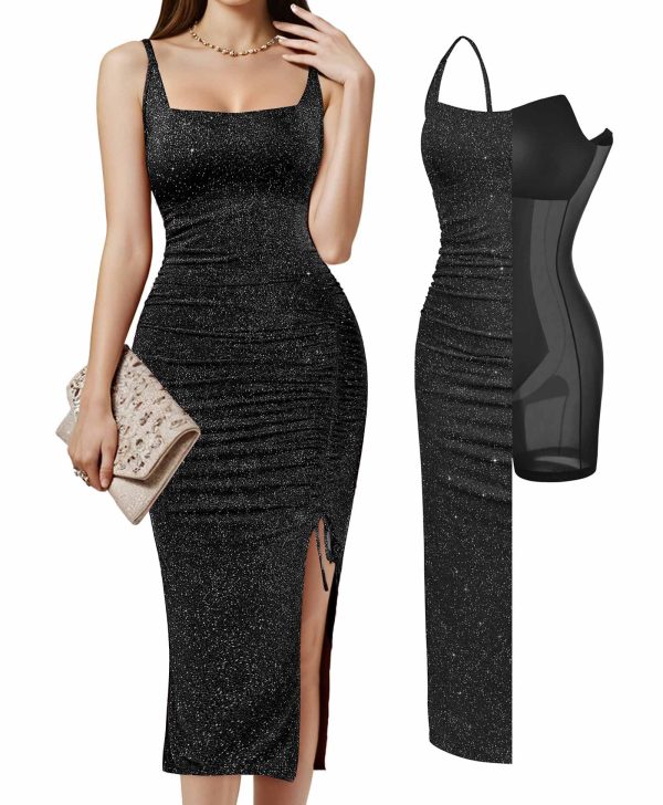 Sparkly Cocktail Dresses for Women Tummy Control Formal Shapewear Dress Square Neck Ruched Midi Dress Side Slit