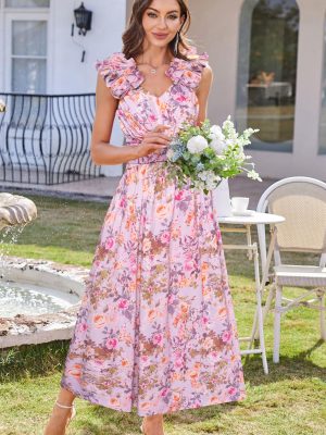 2025 Women's Summer Floral Print Dress Sleeveless Casual Flowy Sundress A Line Ruffle Wedding Guest Outfit