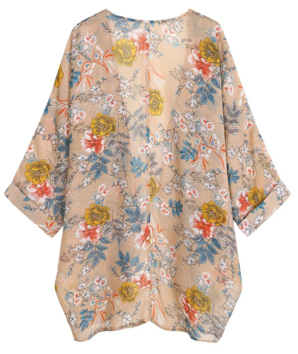 Women's Floral Print Sheer Chiffon 3/4 Bat Sleeve Casual Loose Kimono Cardigan Capes